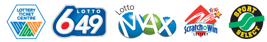 Lottery Ticket Centre, Lotto 6/49, Lotto Max, Scratch & Win, Sport Select logos